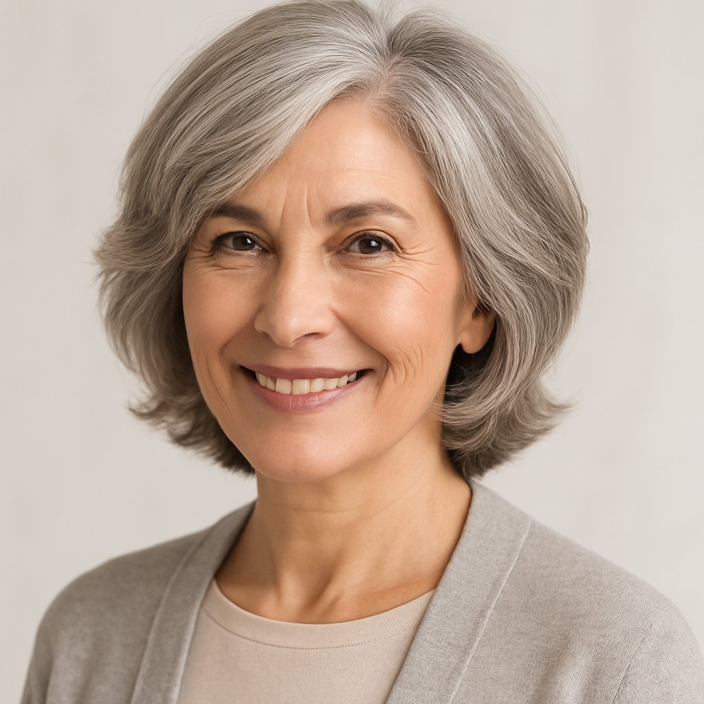 A mature woman with a soft layered bob and natural gray hair smiling gently against a plain background.