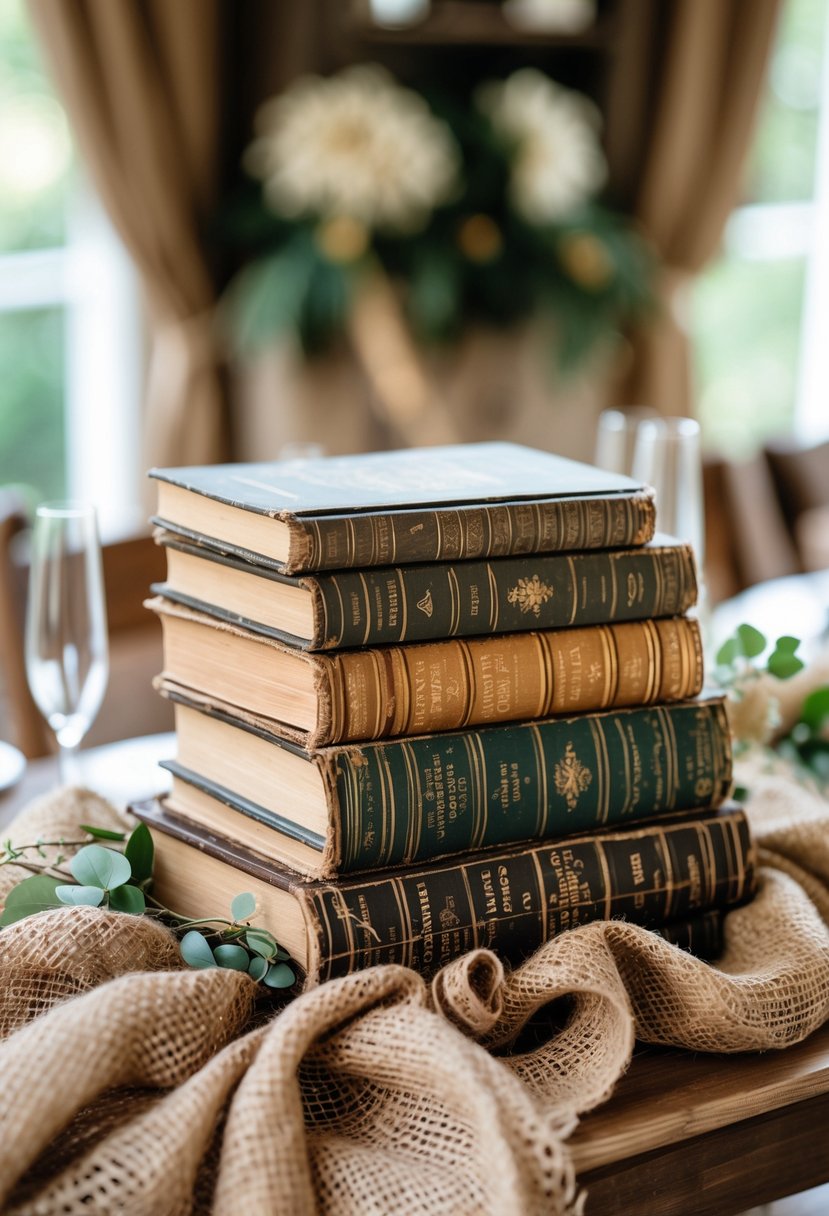 A stack of vintage books with burlap fabric accents arranged on a wooden table as a wedding decoration.