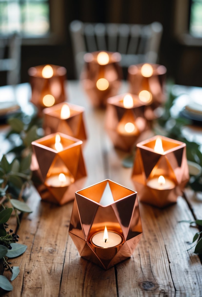 Copper geometric candle holders on a rustic wooden table lit by soft natural light.