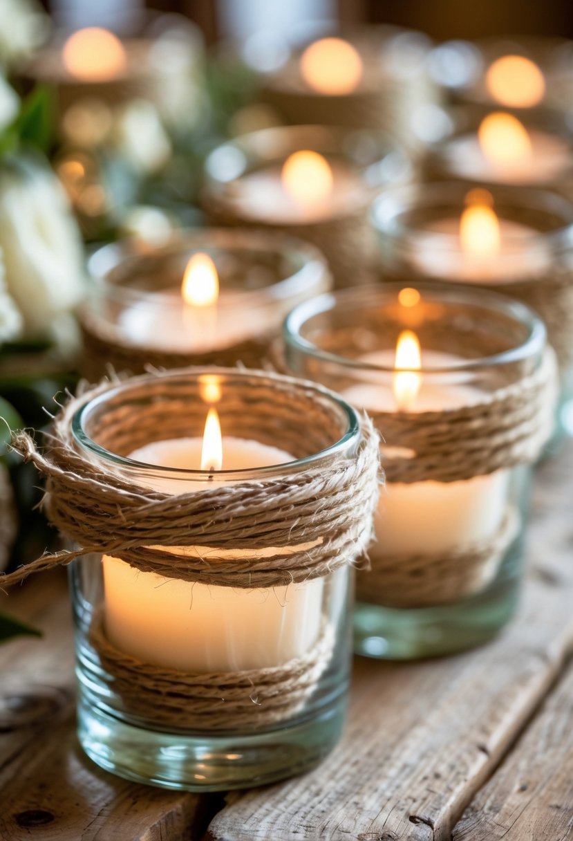 Close-up of glass votive candle holders wrapped with twine on a wooden table, glowing softly with lit candles inside.