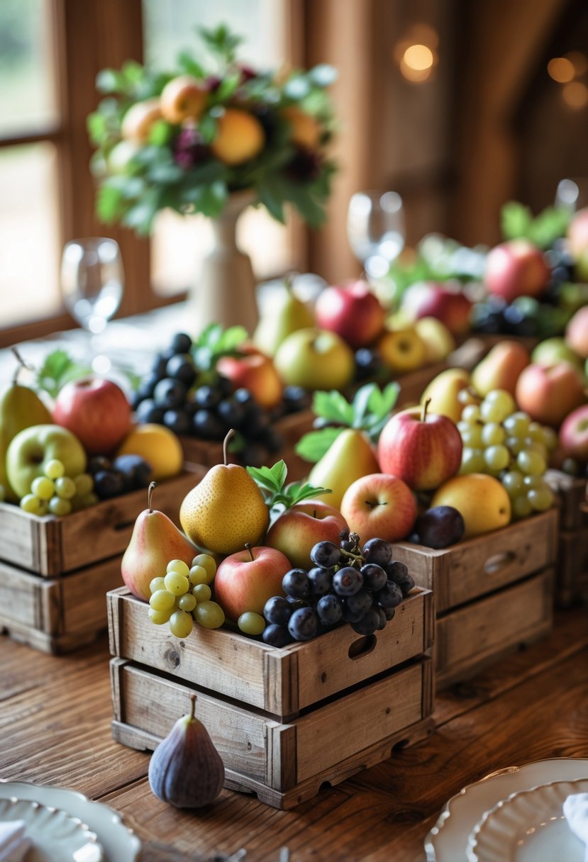 Miniature wooden crates filled with seasonal fruits arranged on a wooden table as wedding decorations.