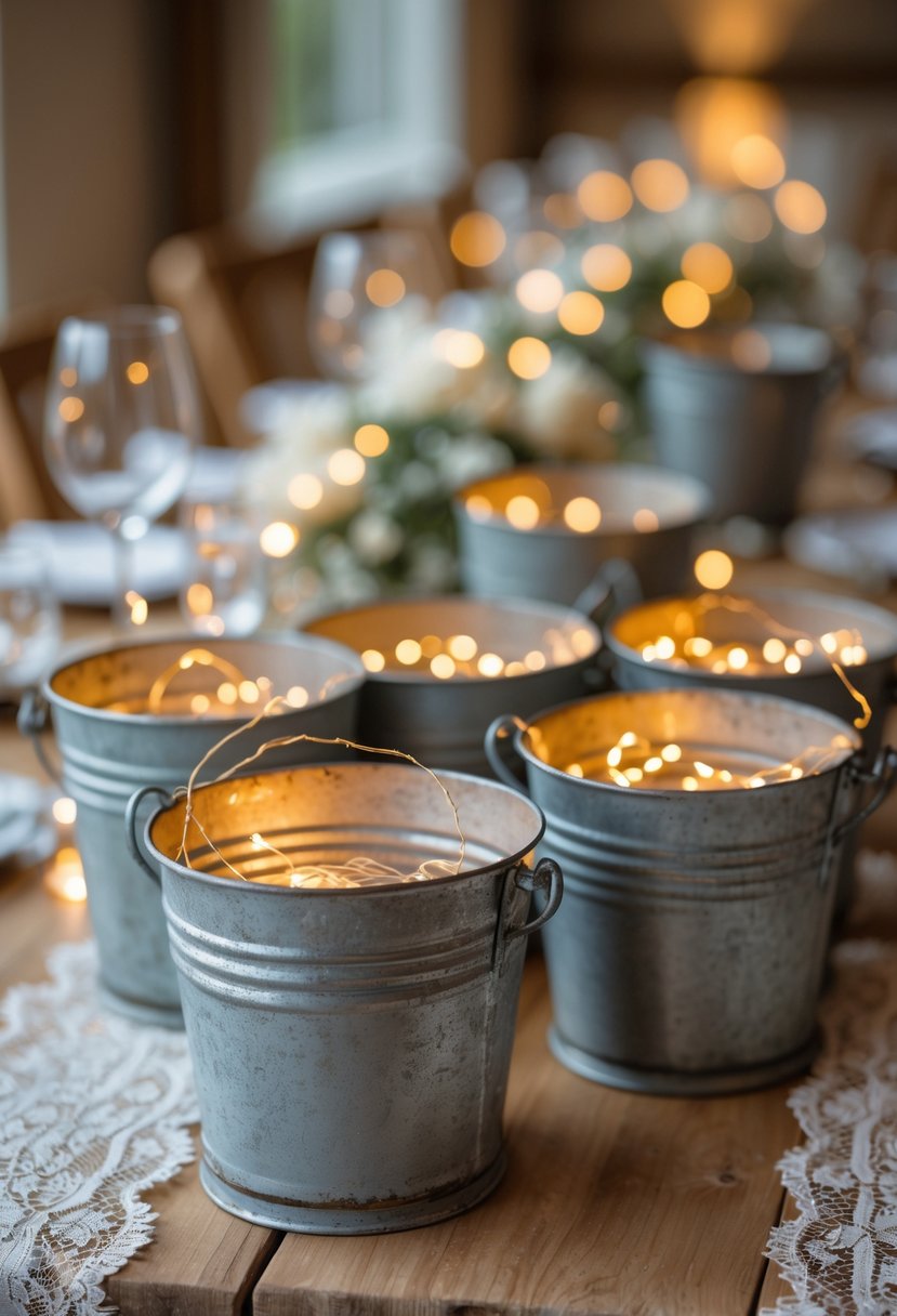 Rustic metal buckets filled with glowing fairy lights arranged on a wooden table as wedding decorations.