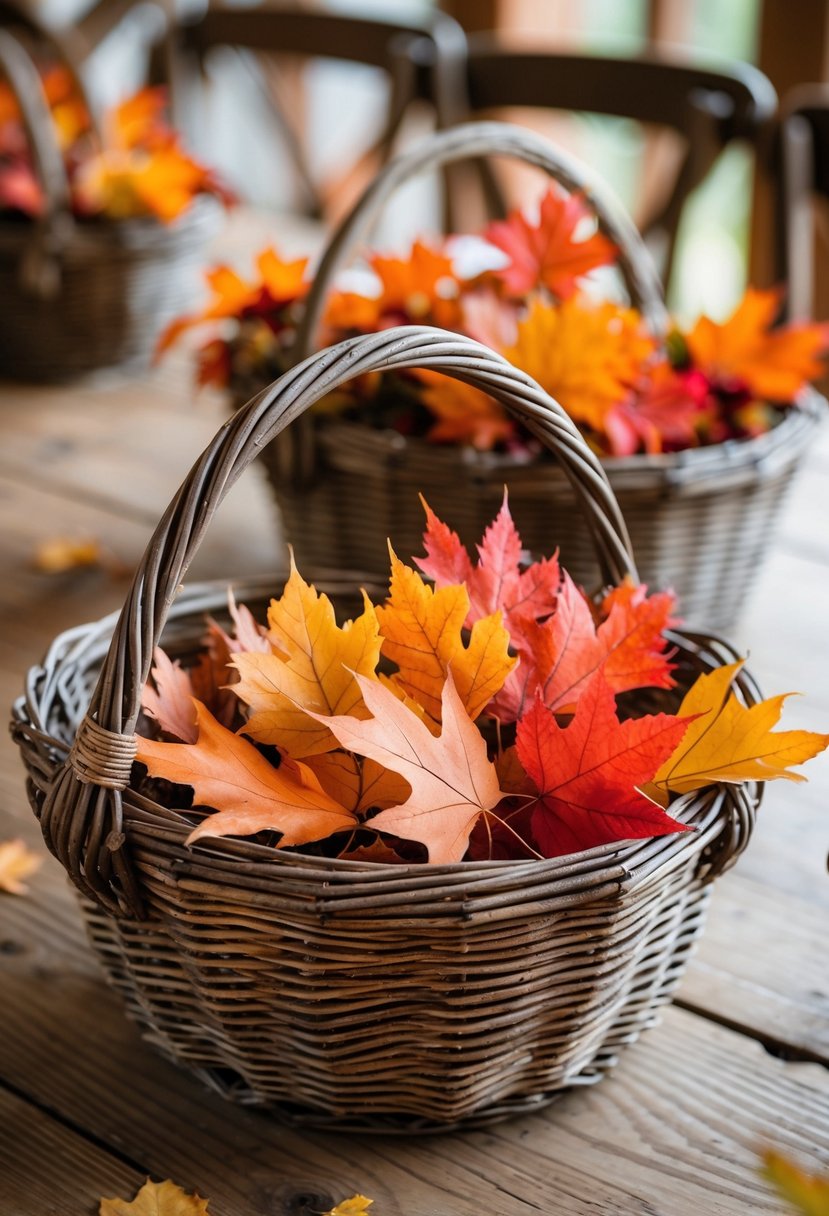 Wicker baskets filled with colorful autumn leaves arranged on a wooden table.