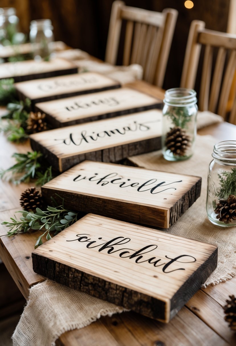 Wooden signs with hand-painted quotes arranged on a decorated wedding table with greenery and rustic elements.