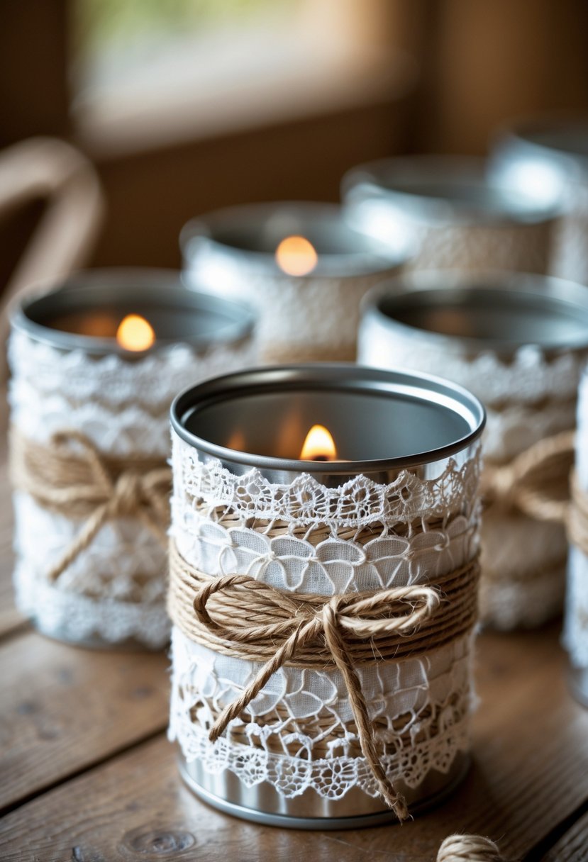 Tin cans wrapped in lace and twine arranged on a wooden table as wedding decorations without flowers.