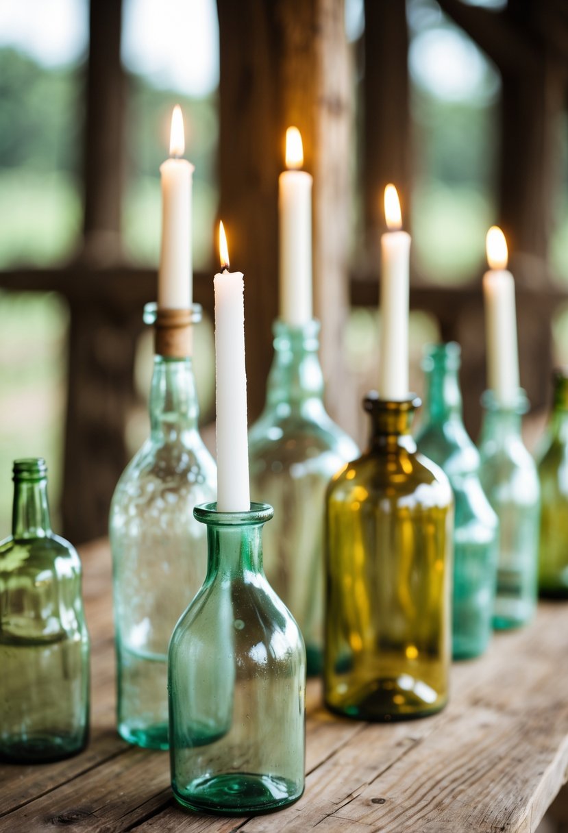 A wooden table decorated with various vintage glass bottles holding lit white candles, creating a warm and inviting scene.