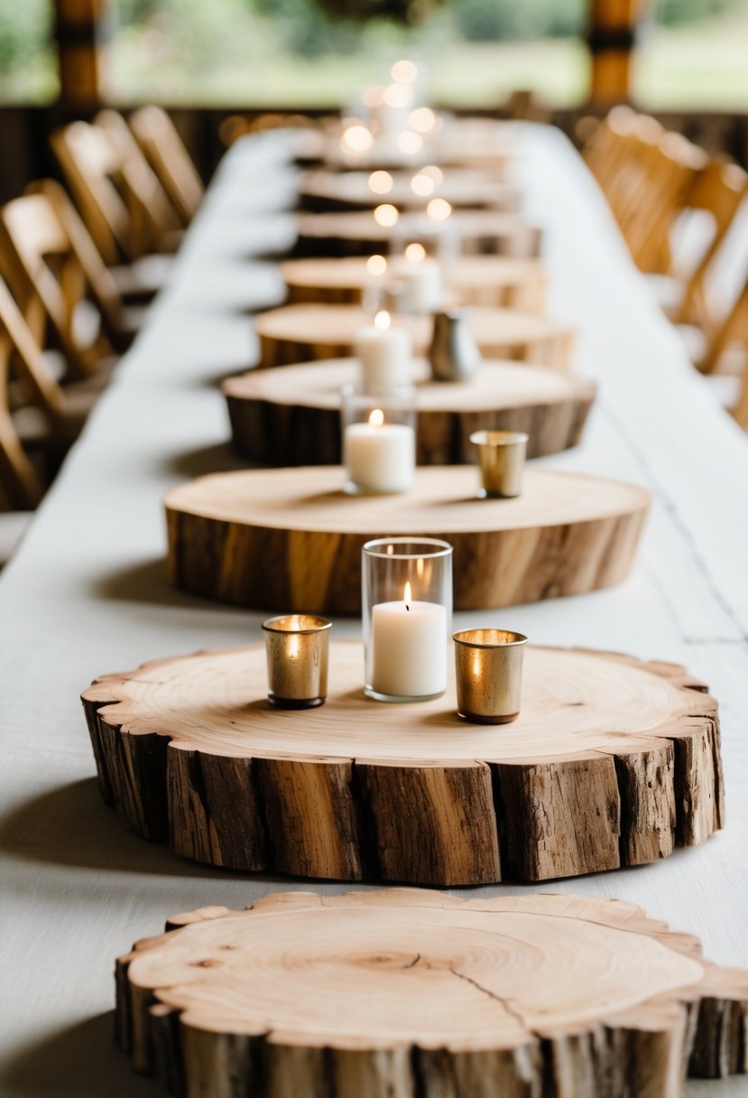 A wedding table decorated with natural wood slab centerpieces and simple candles on a neutral surface.