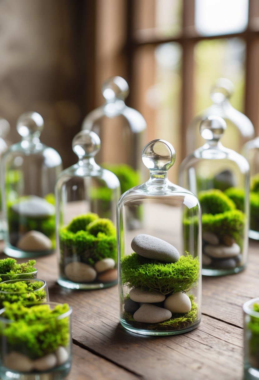 Small glass terrariums filled with moss and stones arranged on a wooden table as wedding decorations.