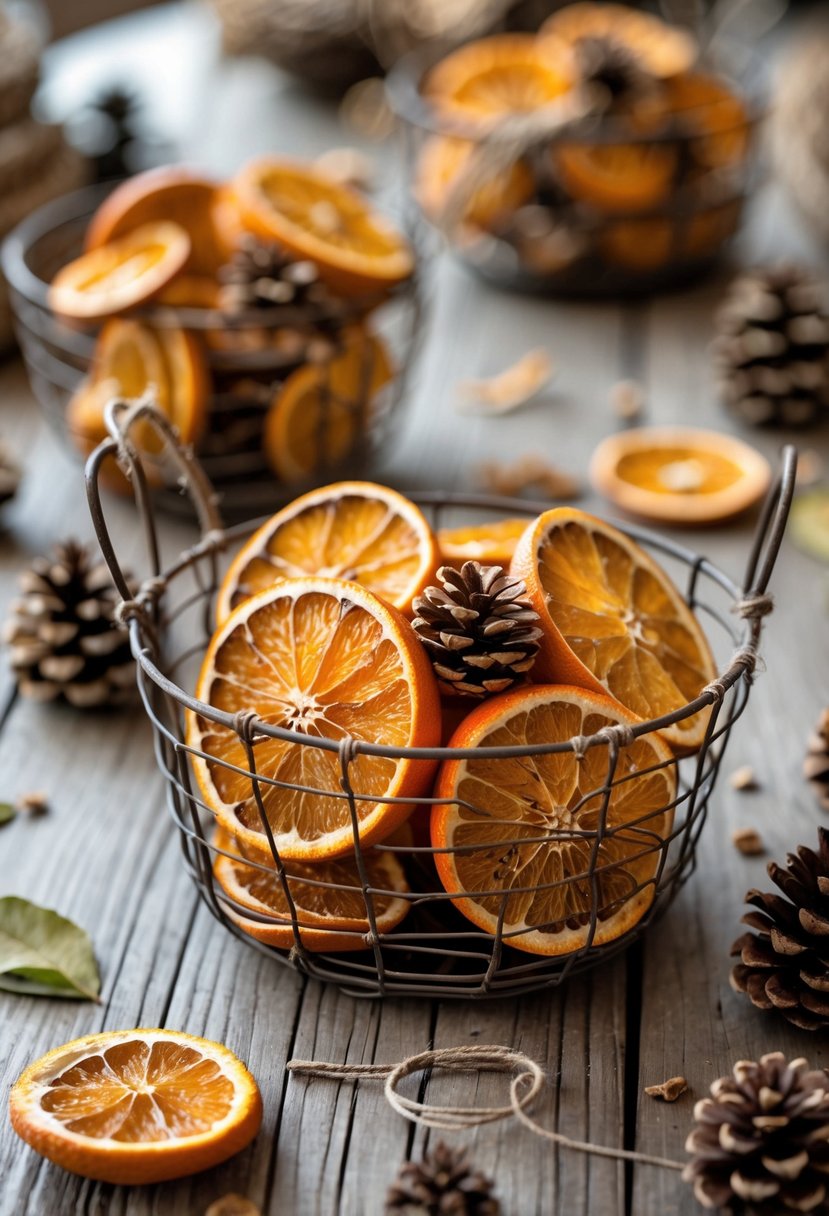 Rustic wire baskets filled with dried orange slices arranged on a wooden table as wedding decorations.