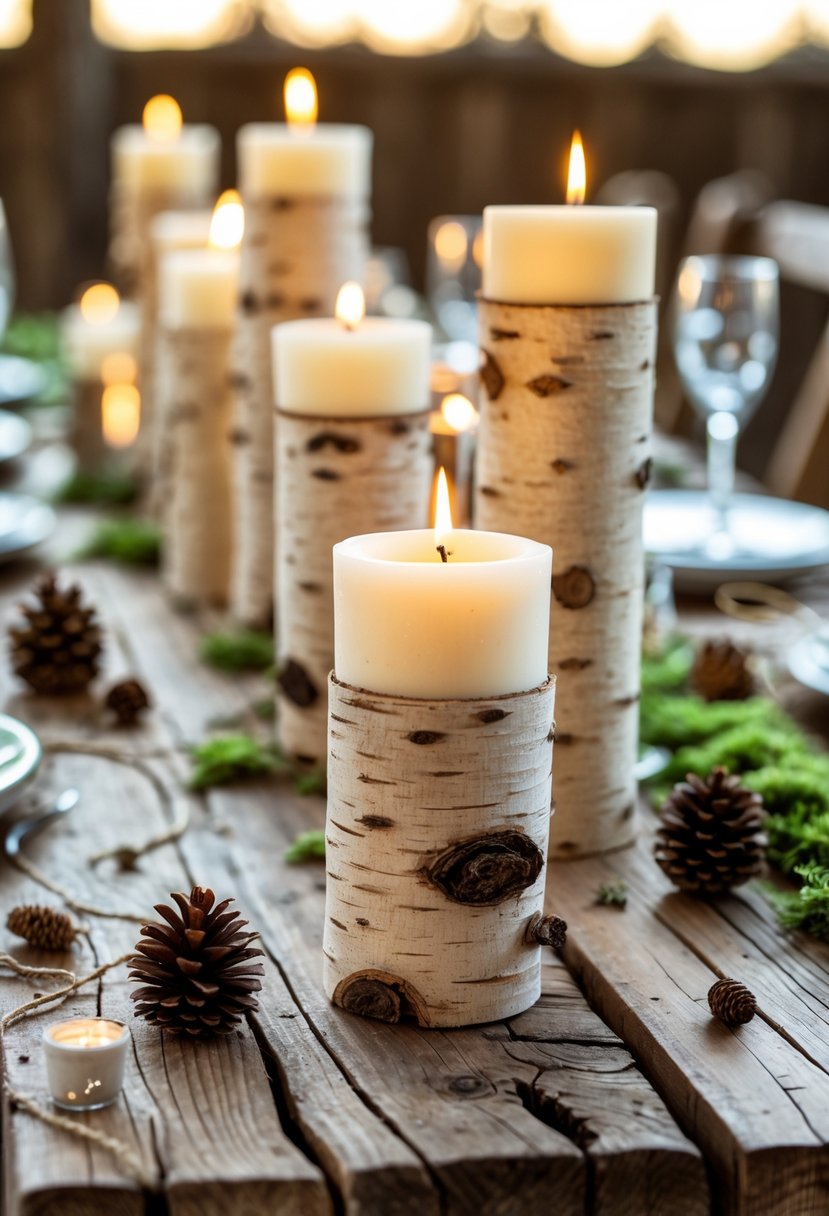 A rustic wooden table with birch bark candle holders holding lit candles and natural decorative elements.