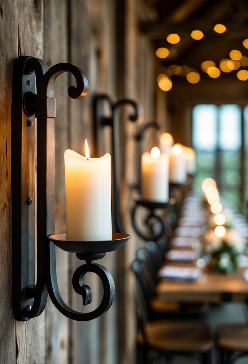 Iron candle sconces with lit pillar candles mounted on a wooden wall above a rustic wedding table without flowers.