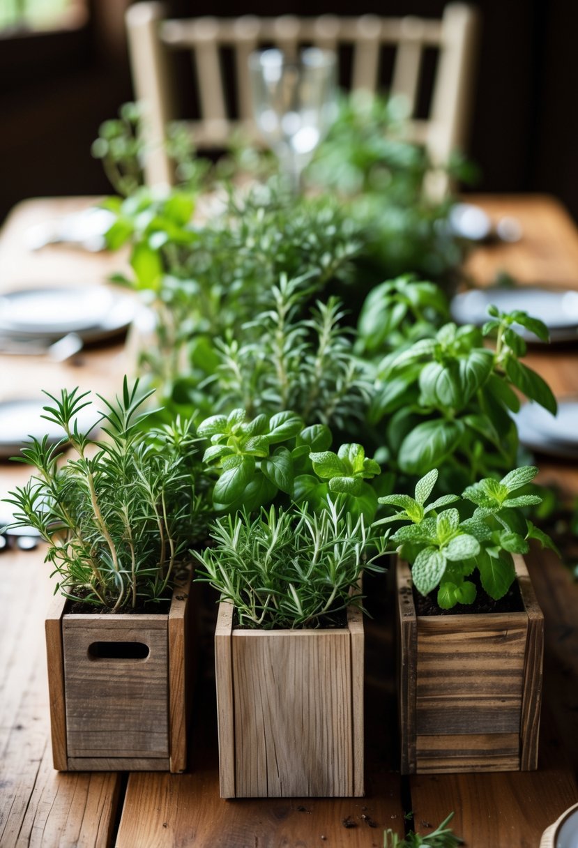 Wooden box planters filled with various green herbs arranged on a wooden table as wedding decorations.