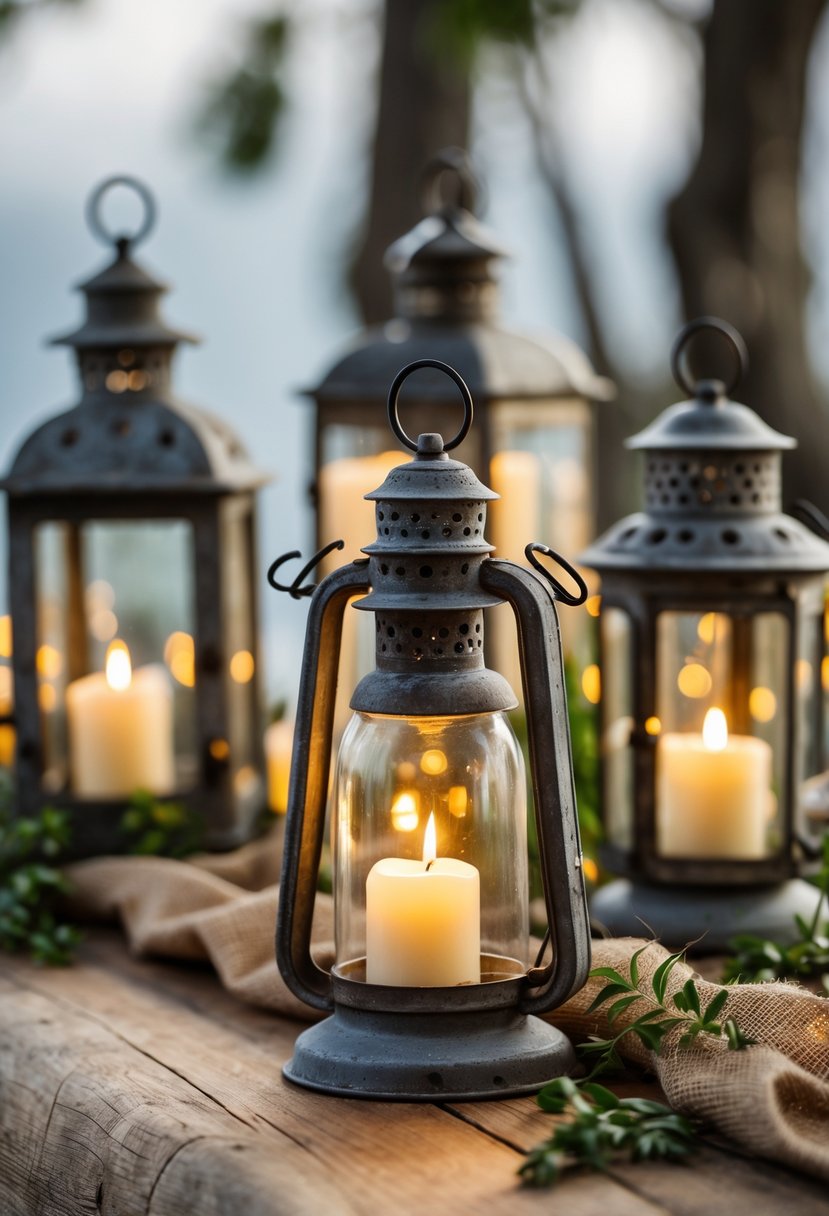 Old metal lanterns with flickering LED candles arranged on a wooden table as wedding decorations.