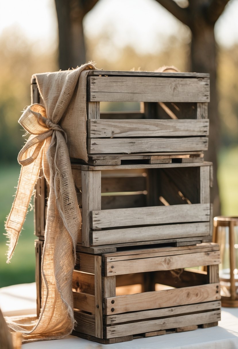 Stacked vintage wooden crates with burlap accents arranged on a table outdoors.