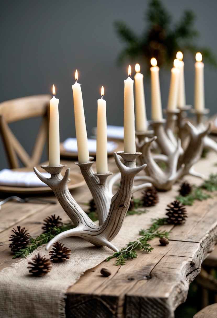 A wedding table decorated with antler-shaped candle holders holding lit candles, surrounded by rustic natural elements on a wooden table.