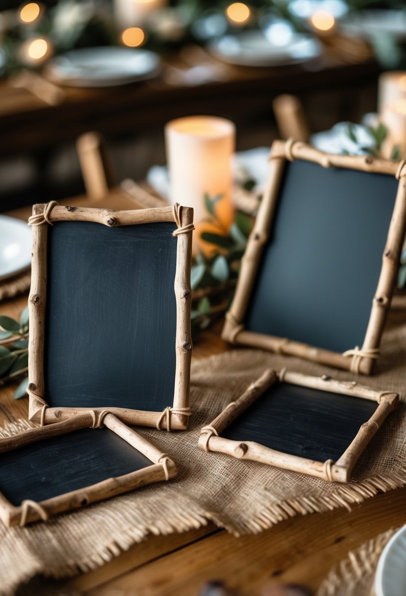 Small chalkboards framed with twigs displayed as wedding table decorations on a wooden surface.