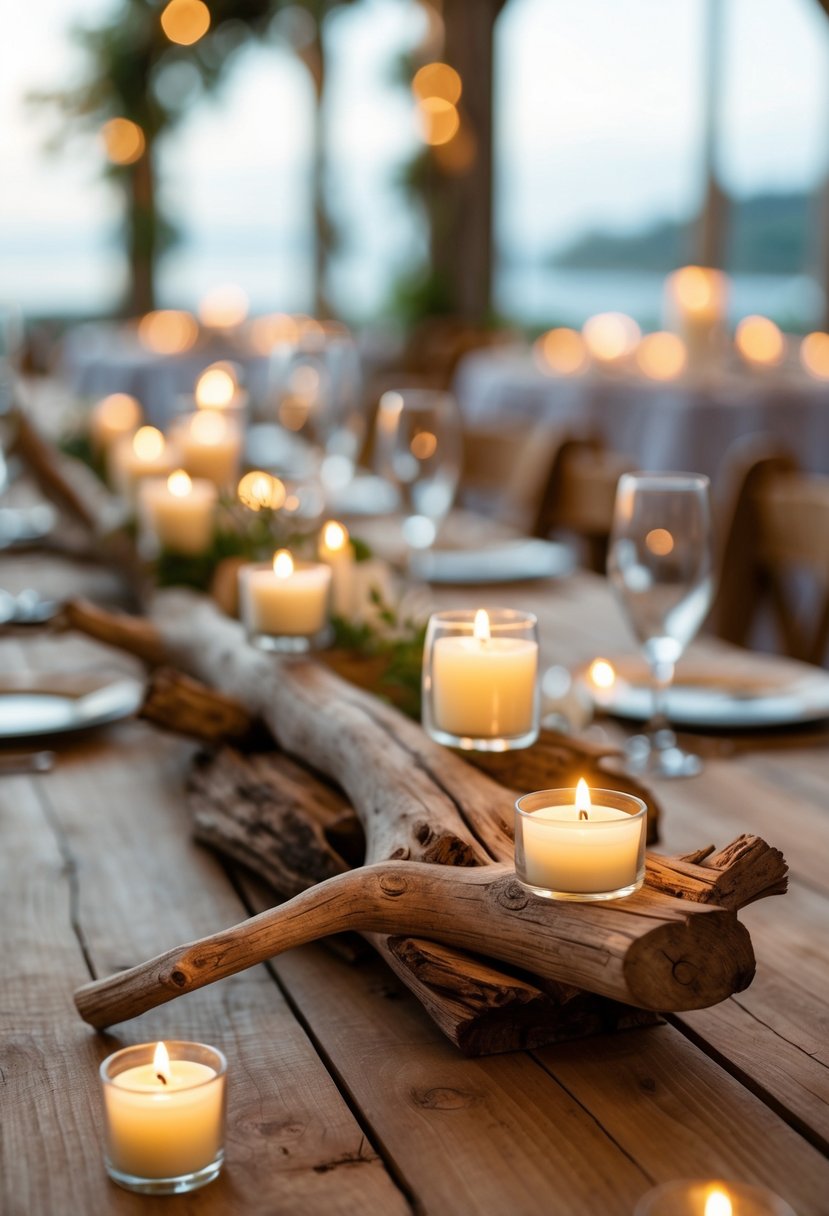 A wooden table with natural driftwood centerpiece holding several hanging lit candles.