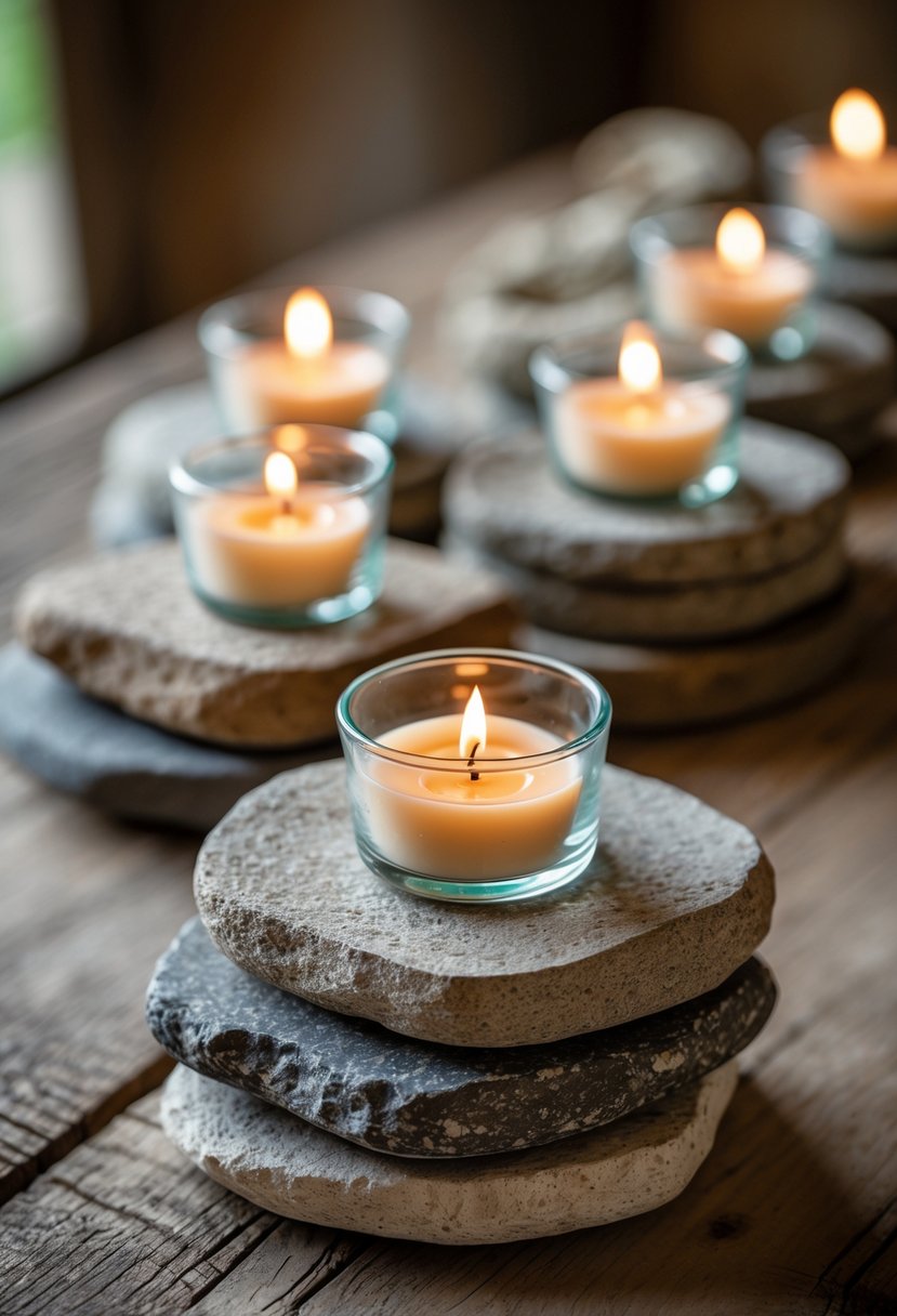 Stacked stone coasters with lit votive candles on a wooden table.