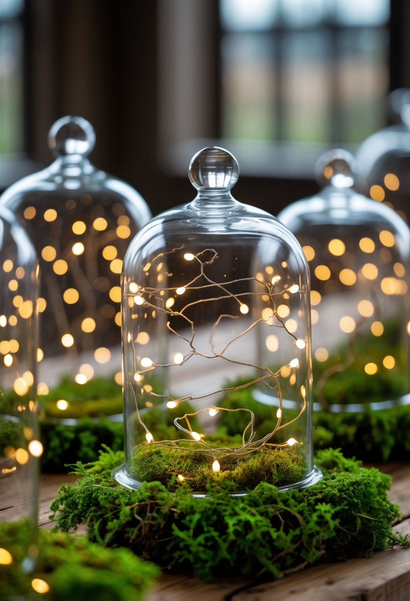 Glass cloches containing green moss and small twinkling lights arranged on a wooden table.