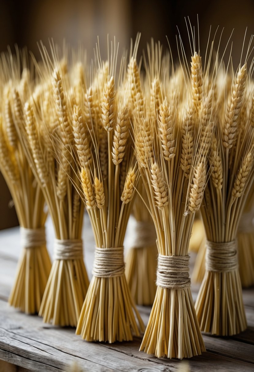 Hand-tied bundles of wheat stalks arranged on a wooden table.