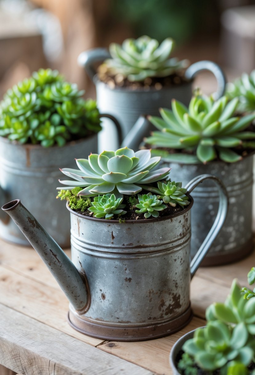 Vintage metal watering cans filled with green succulents arranged on a wooden table.