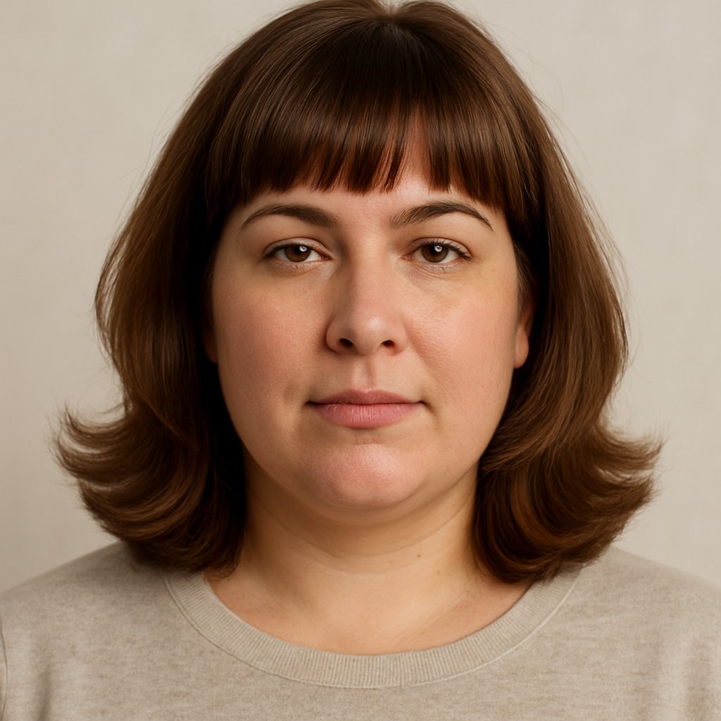 Close-up of a woman with medium-length hair styled to show how certain haircuts can make the face look wider.