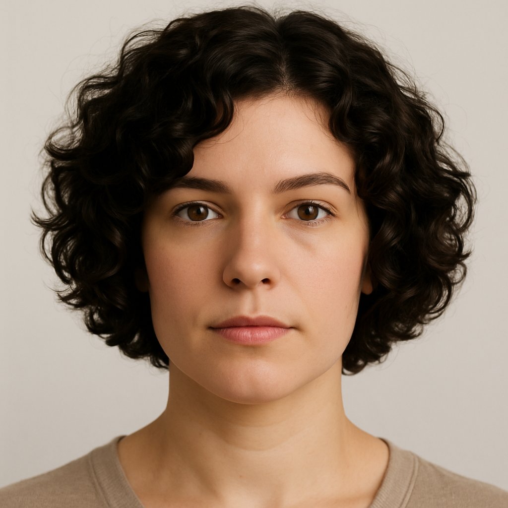 Portrait of a woman with layered curls falling at her jawline, framing her face.