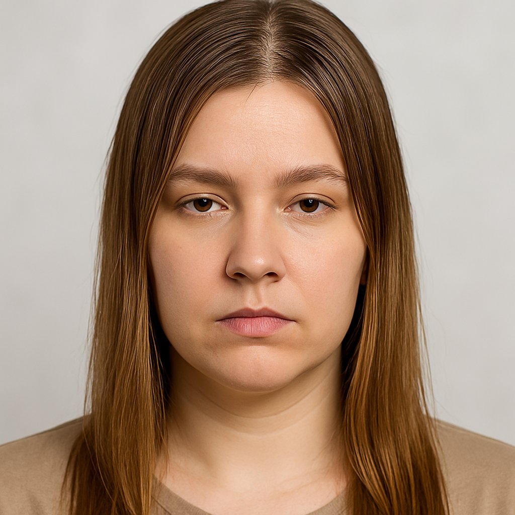 Close-up of a woman with heavy, weighed-down hair that looks flat and lifeless, facing forward against a plain background.
