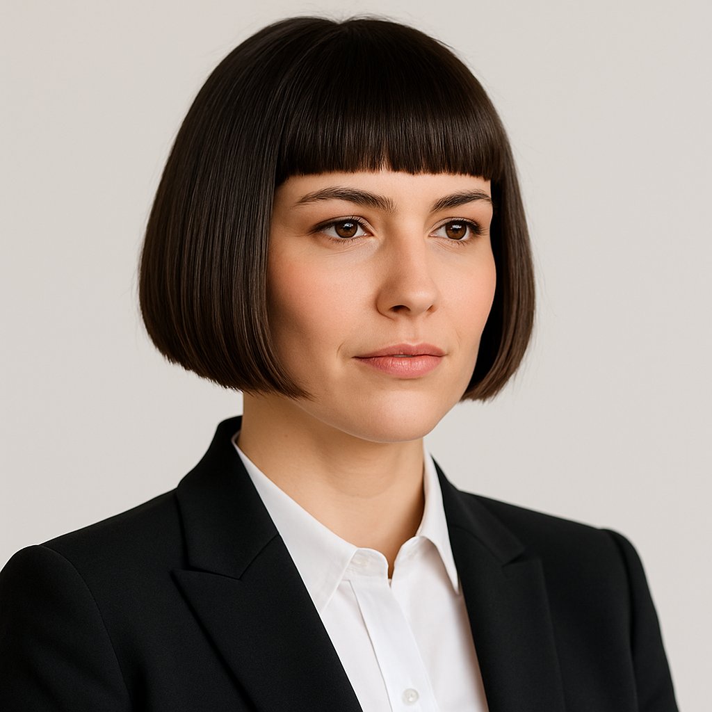 A confident businesswoman with a sharp bob haircut and wide cheekbones, wearing corporate attire, standing against a plain background.