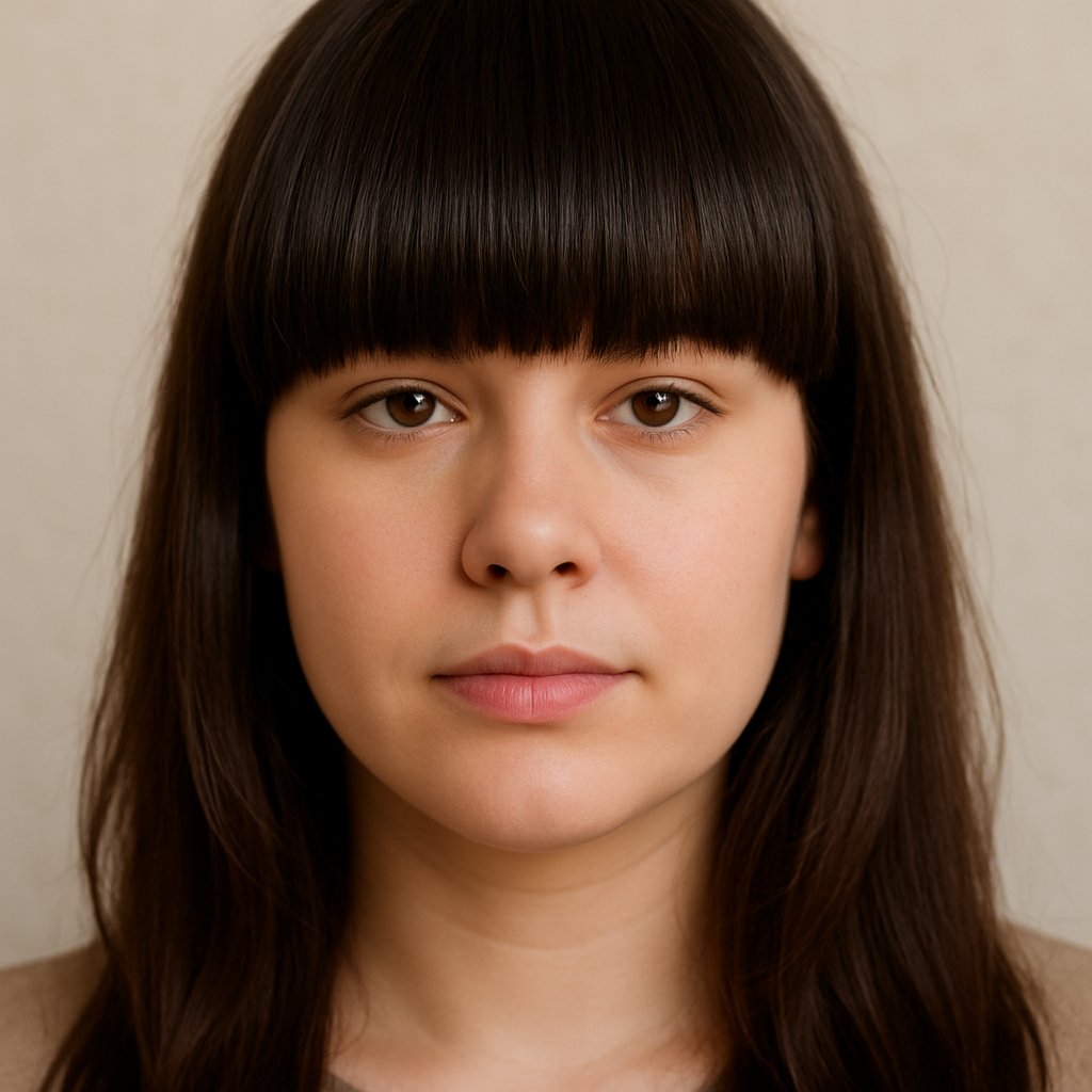 A young woman with thick bangs covering her forehead, showing how the hairstyle affects the shape of her face.