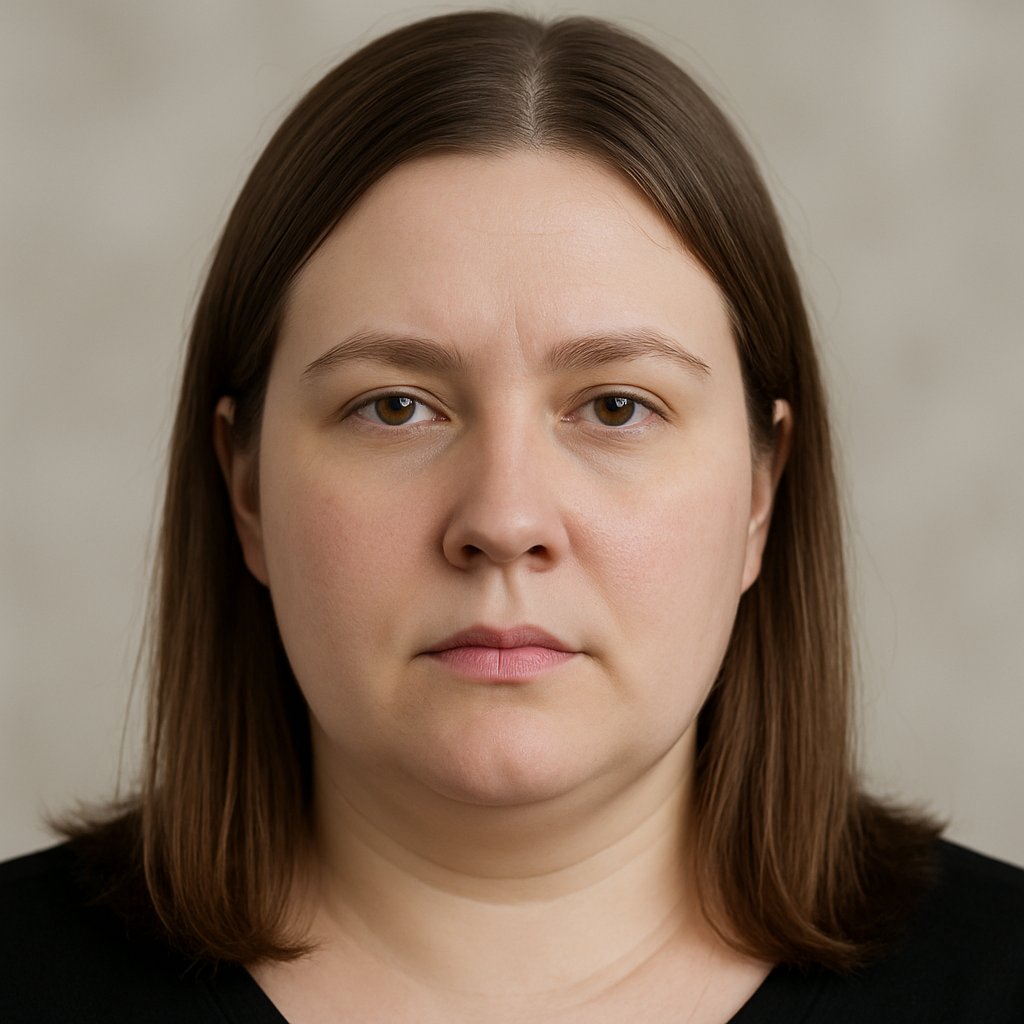 A woman with flat hair at the roots and no lift on top, facing forward with a neutral expression.