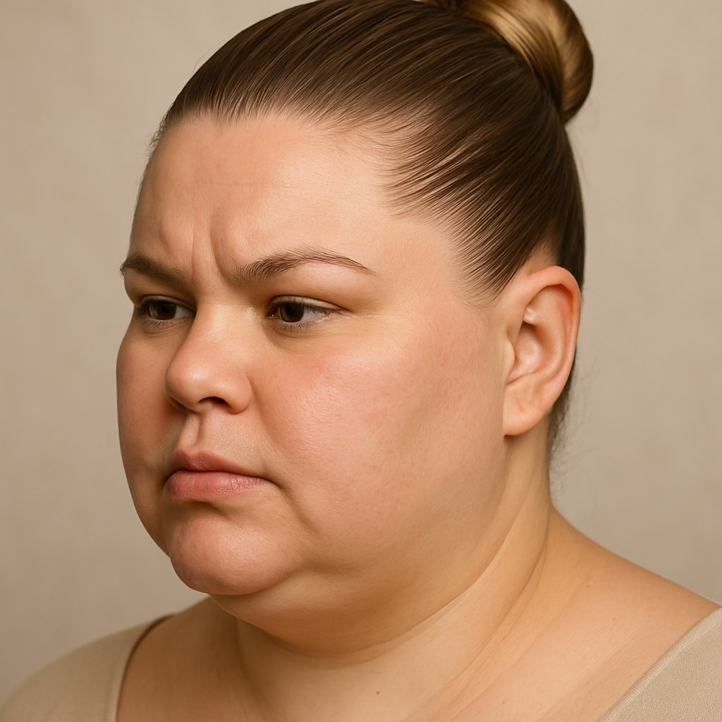 A woman with her hair pulled back tightly, showing the contours and width of her face.