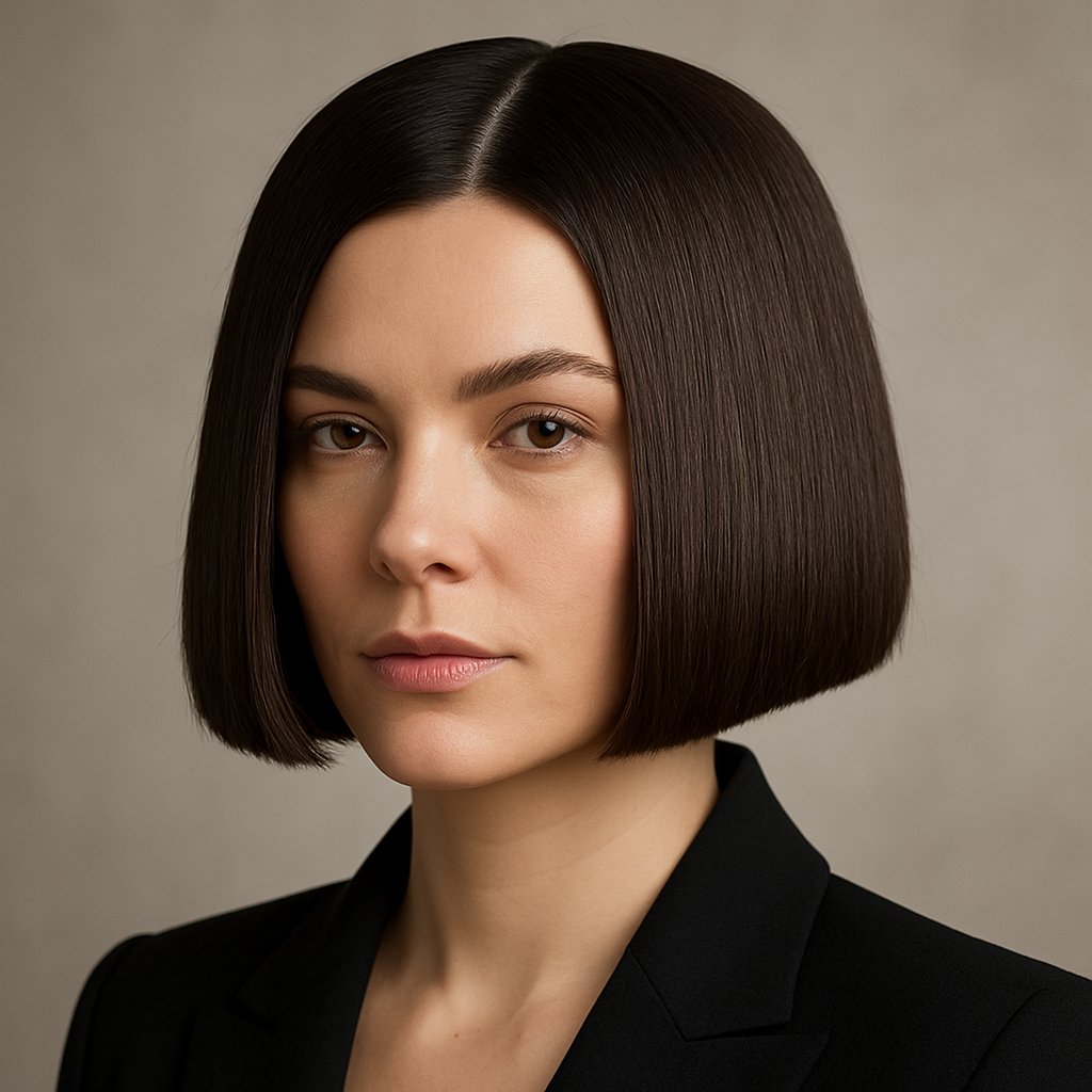 A woman with a straight, box-shaped bob haircut looking directly at the camera against a plain background.