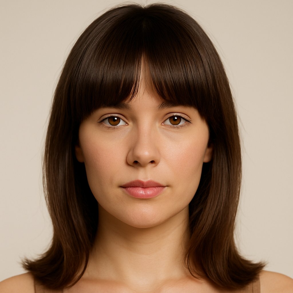 Portrait of a woman with thick, heavy frontal curtain bangs framing her face, looking directly at the camera.