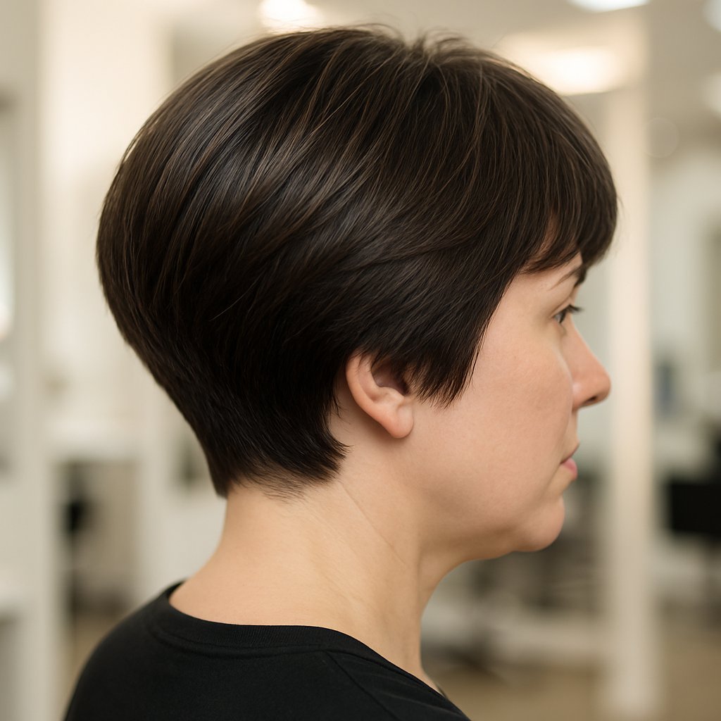 Back and side view of a woman with a short haircut that is tight at the back, showing hair volume shifted to the sides.