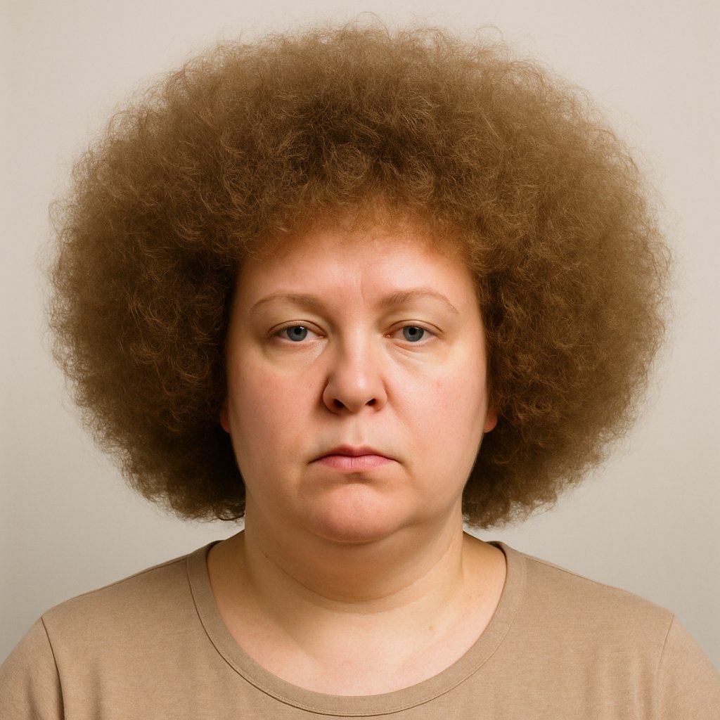 Portrait of a woman with evenly puffed permed hair forming a round shape around her head, viewed from shoulders up against a plain background.