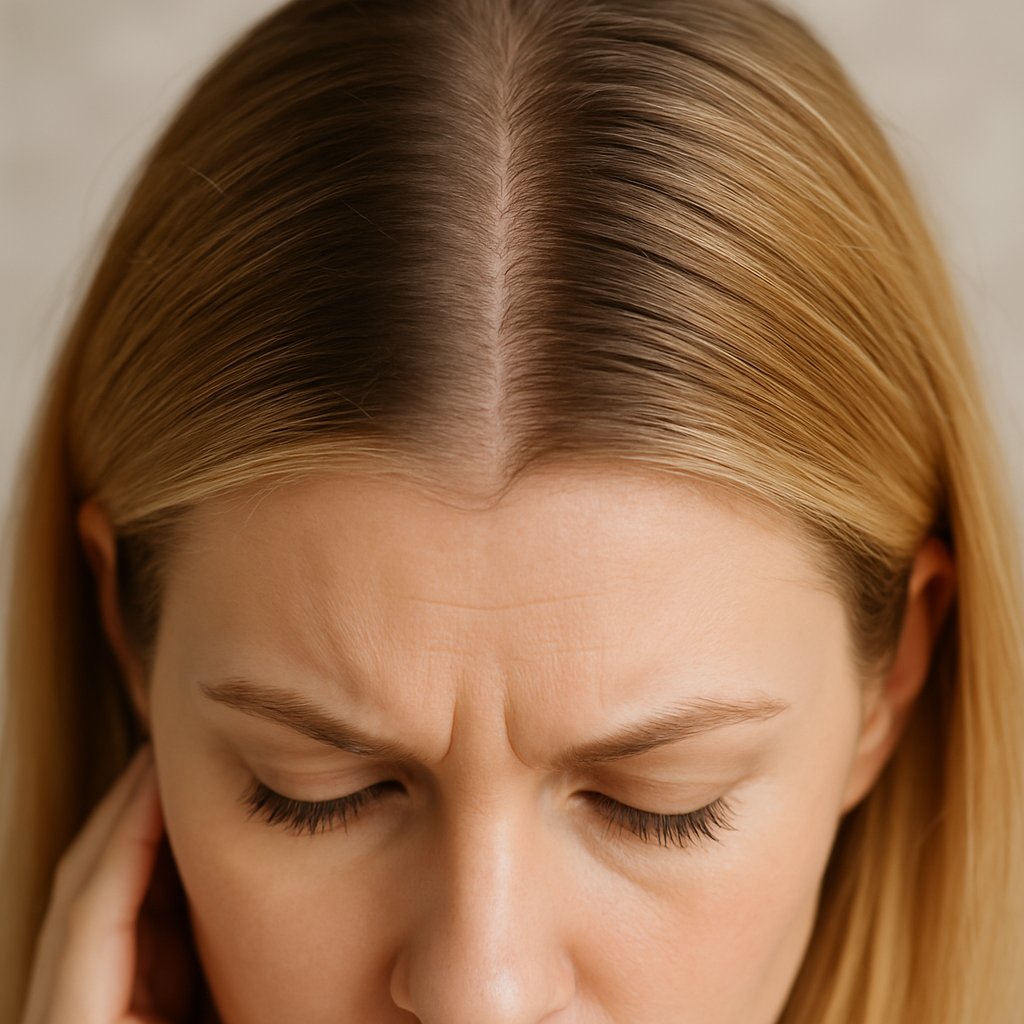 Close-up of a woman's scalp and hairline showing a stark horizontal line where overgrown hair roots meet dyed hair.