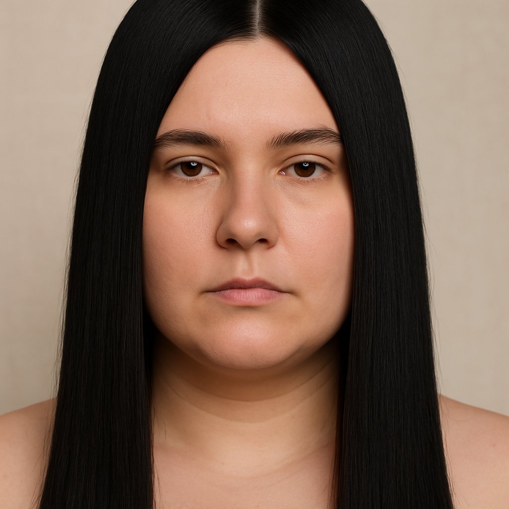 Close-up portrait of a woman with long, uniformly dark hair and a neutral expression against a plain background.