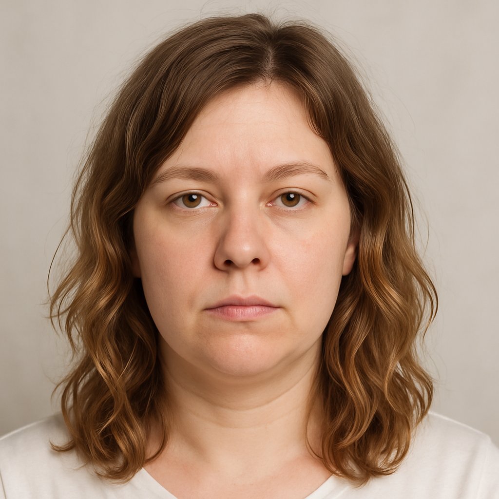 A woman with medium-length tousled waves hairstyle that lacks volume on top, facing forward with a neutral expression.