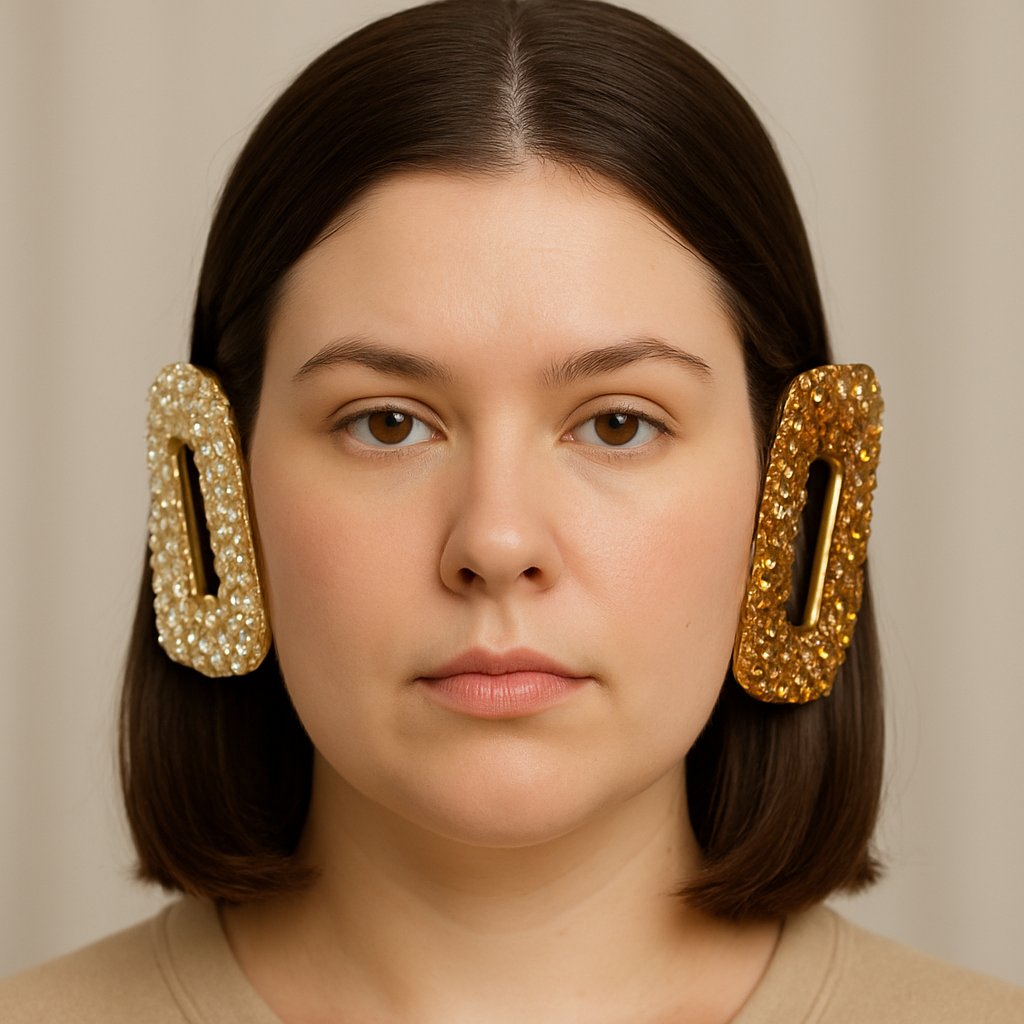 Close-up of a woman wearing large hair clips on both sides of her head, highlighting the sides of her face.