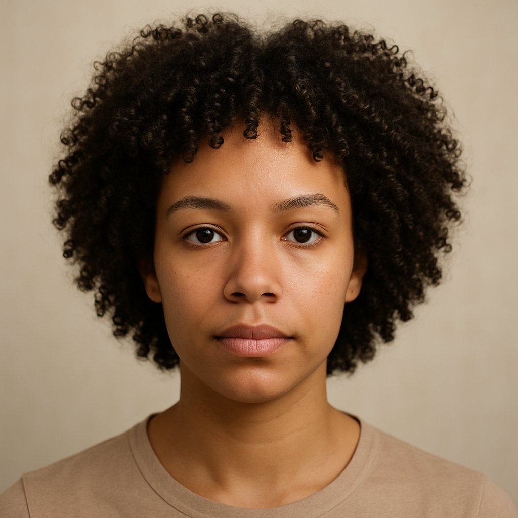 A woman with tight, small curls evenly surrounding her head, creating a rounded shape around her face.