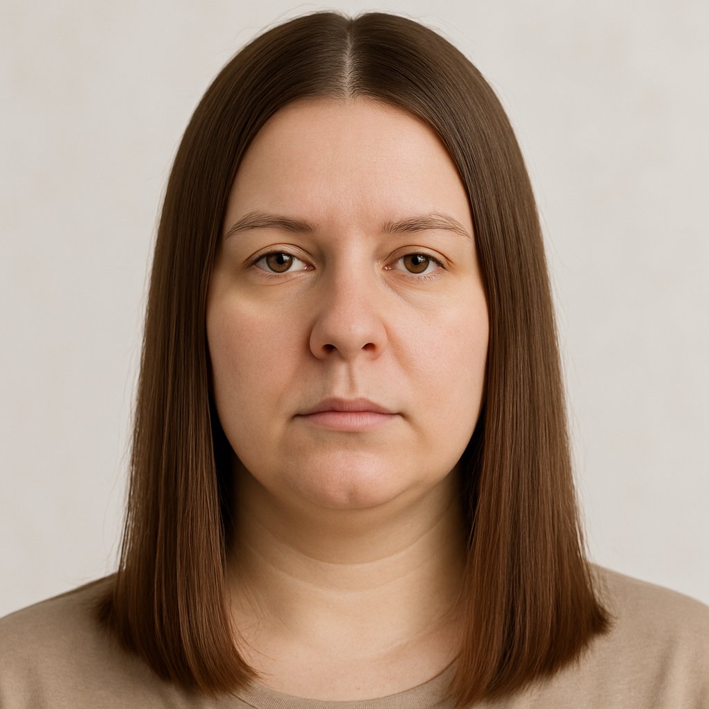 Close-up of a woman with straight hair hanging flat around her face, showing how the hair pulls down and widens her face.