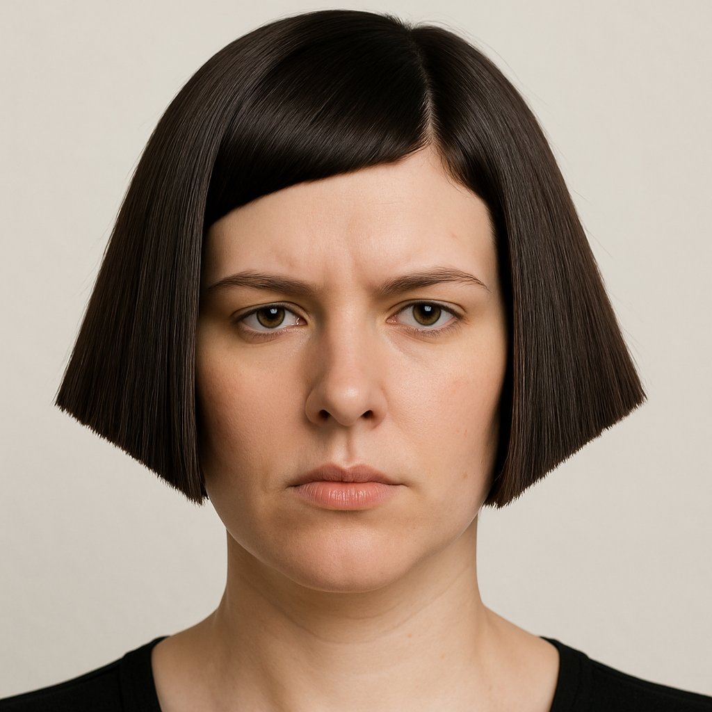 Close-up portrait of a woman with a sharp, angular haircut showing harsh edges around her face.