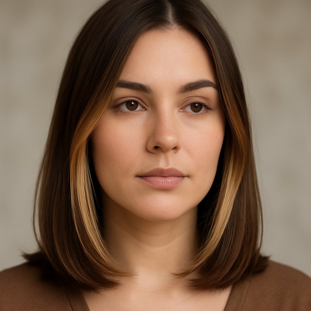 Close-up of a woman with medium-length hair and lighter strands over her cheeks, looking straight ahead with a neutral expression.