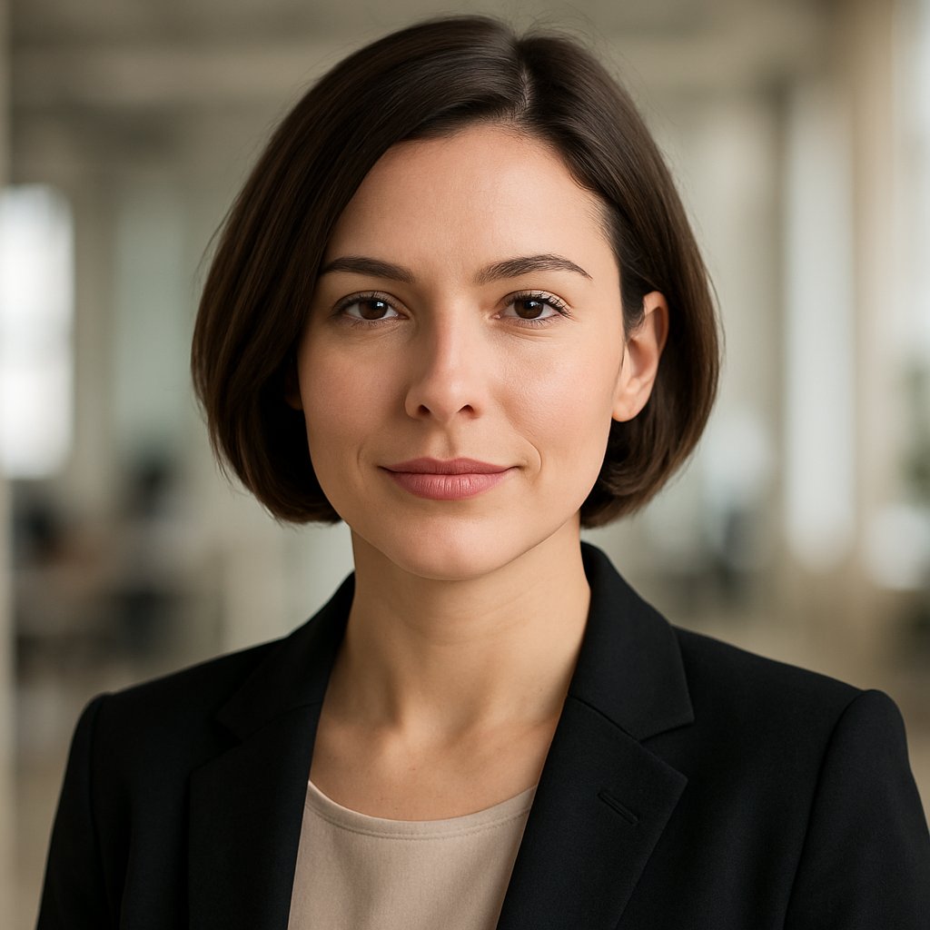 Portrait of a woman with short jaw-length hair, smiling slightly in a softly blurred indoor setting.