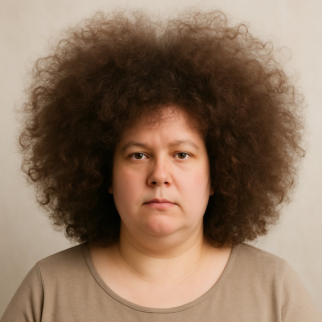 A woman with thick, voluminous curls piled high on her head, showing hair that balloons outward and makes her face appear wider.