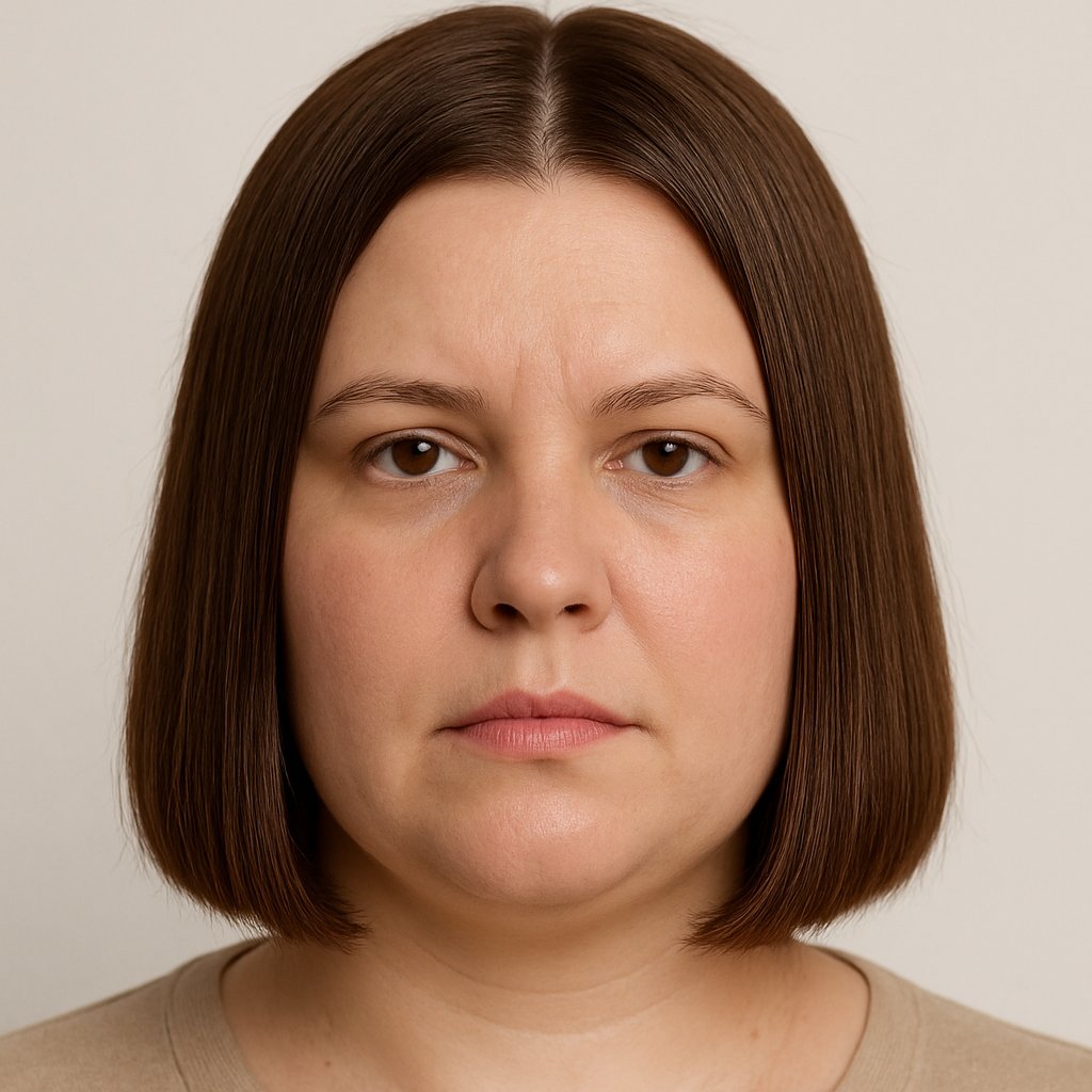 A woman with straight, single-length hair framing her face, looking directly at the camera against a plain background.