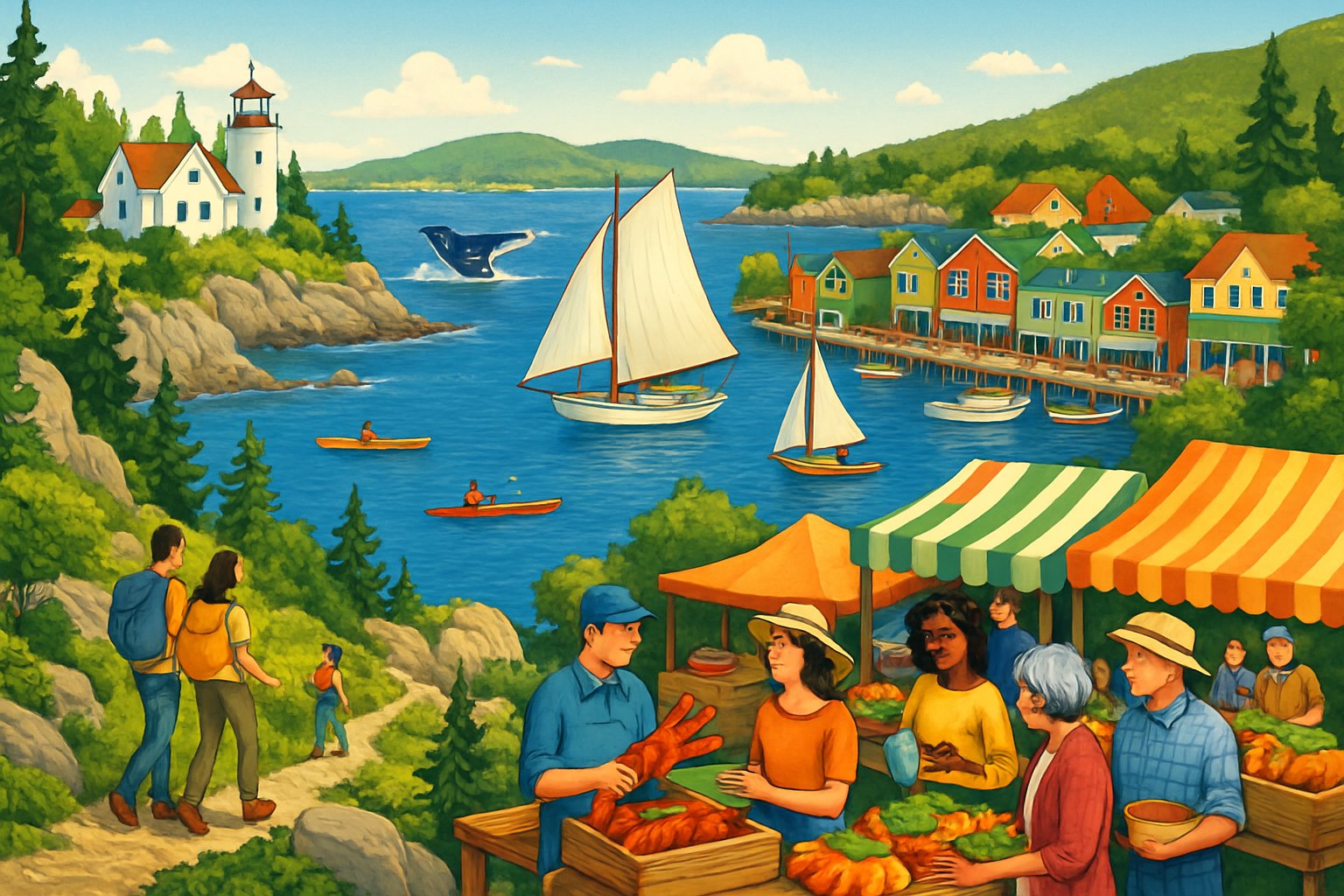 A coastal town with sailboats, hikers on forest trails, a lighthouse on rocky shore, a whale in the ocean, and a busy outdoor market.