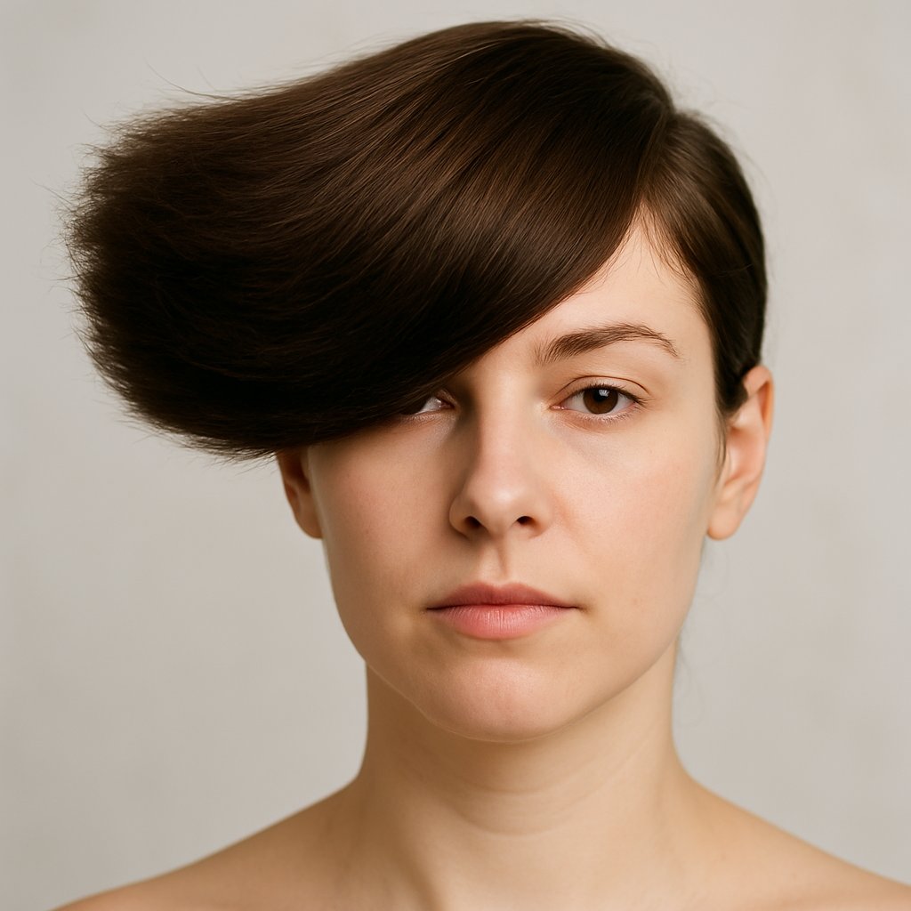 Close-up of a woman with thick side-swept bangs that stick out prominently on one side of her face.