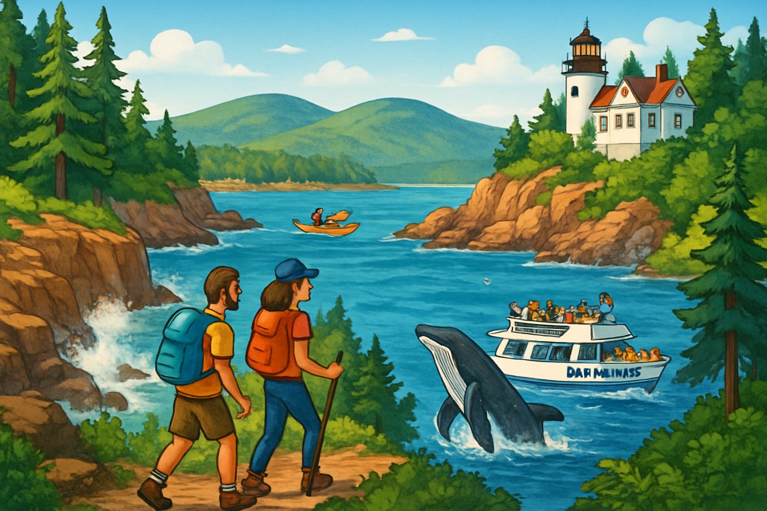 A coastal scene with rocky cliffs, a lighthouse, forest trails, people hiking and kayaking, and a boat for whale watching on calm blue waters.